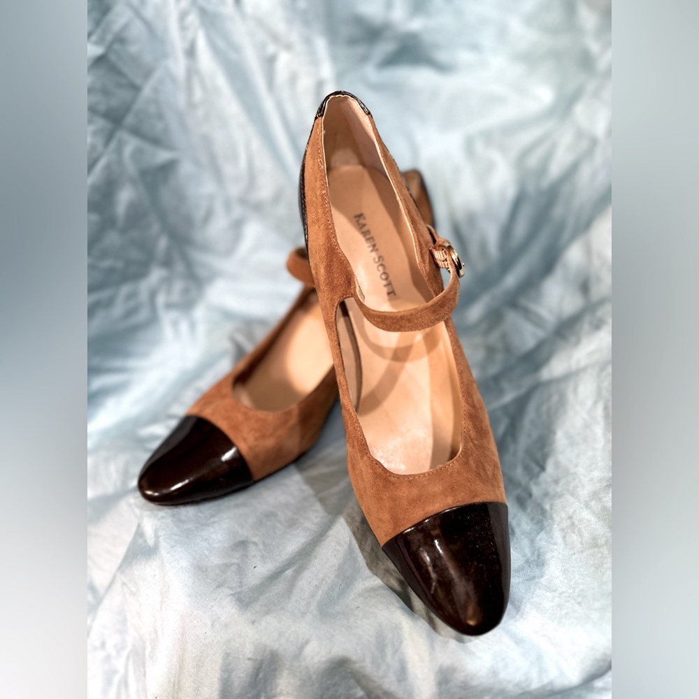 2” heels Brown patent leather toe; Tan suede back with strap